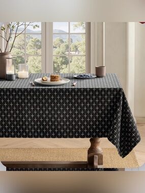 Farmhouse Rustic Cross-Star Textured Black Linen Tablecloth Rectangular 52x70”